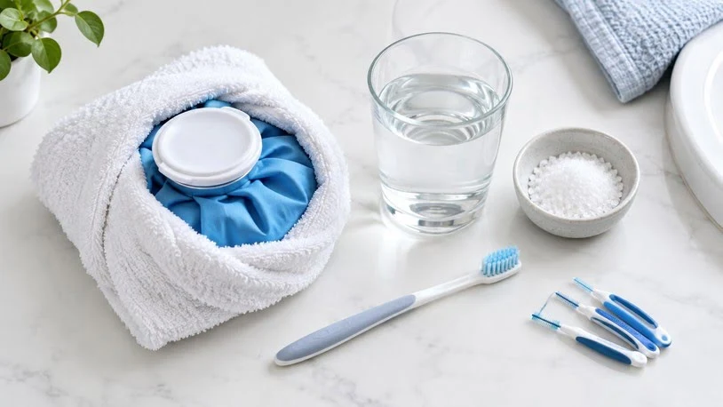 Cold compress, salt water rinse, and soft toothbrush for wisdom tooth pain relief